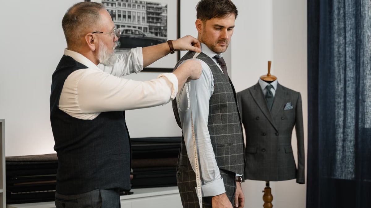 Tailor expertly measuring client for a custom-made suit in a stylish workshop.